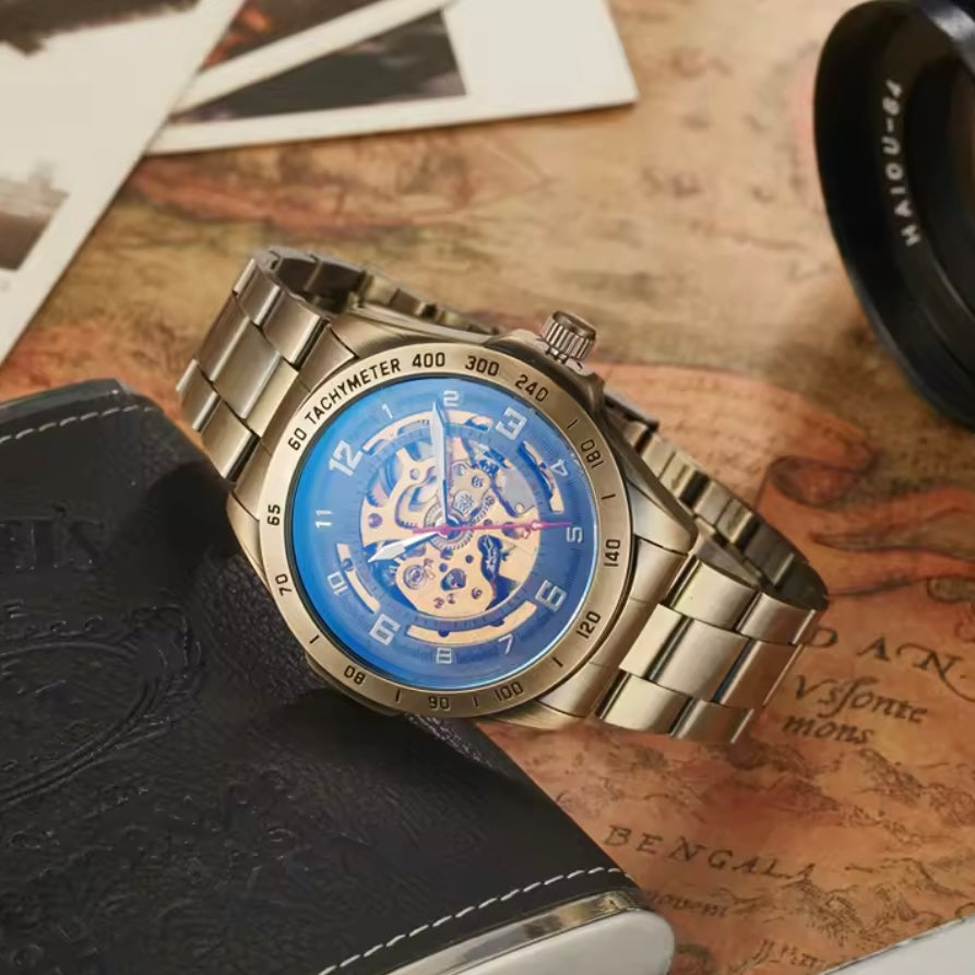 Bronze Automatic Mechanical Skeleton Watch Metal Link Strap