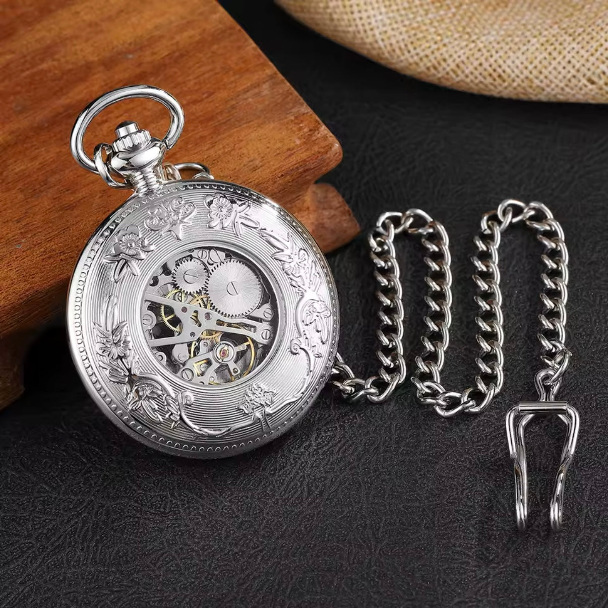 Hollow Roman Numeral Silver Skeleton Pocket Watch