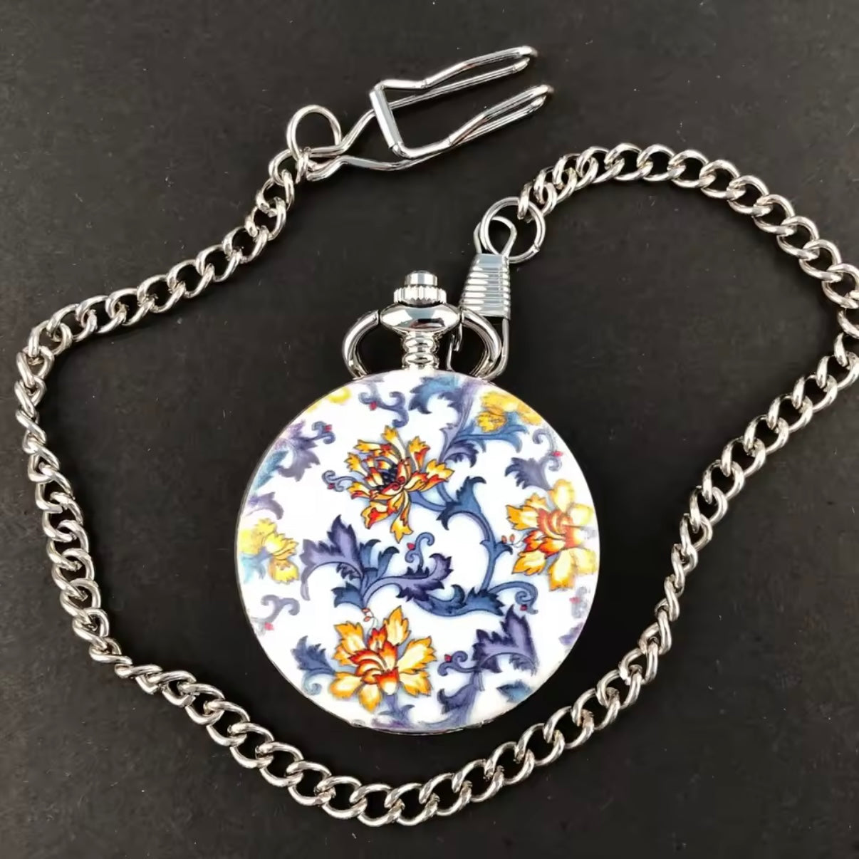 Floral White & Blue Pocket Watch