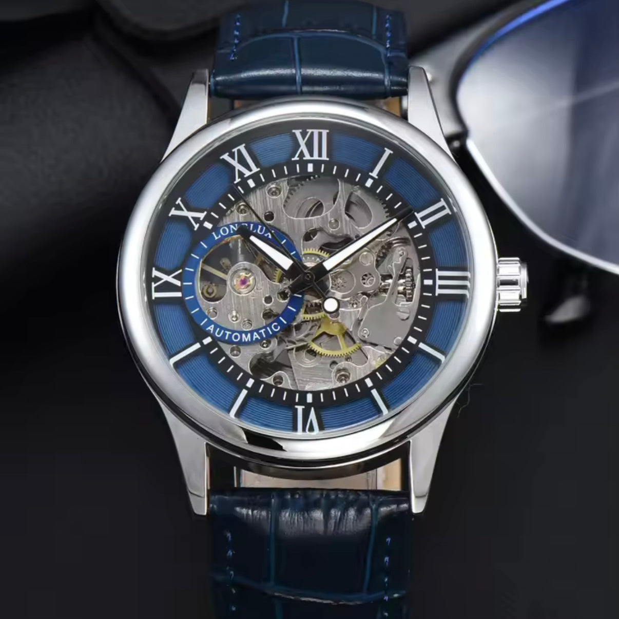 Automatic Skeleton Watch – Silver Case, Navy Blue Dial & Leather Strap