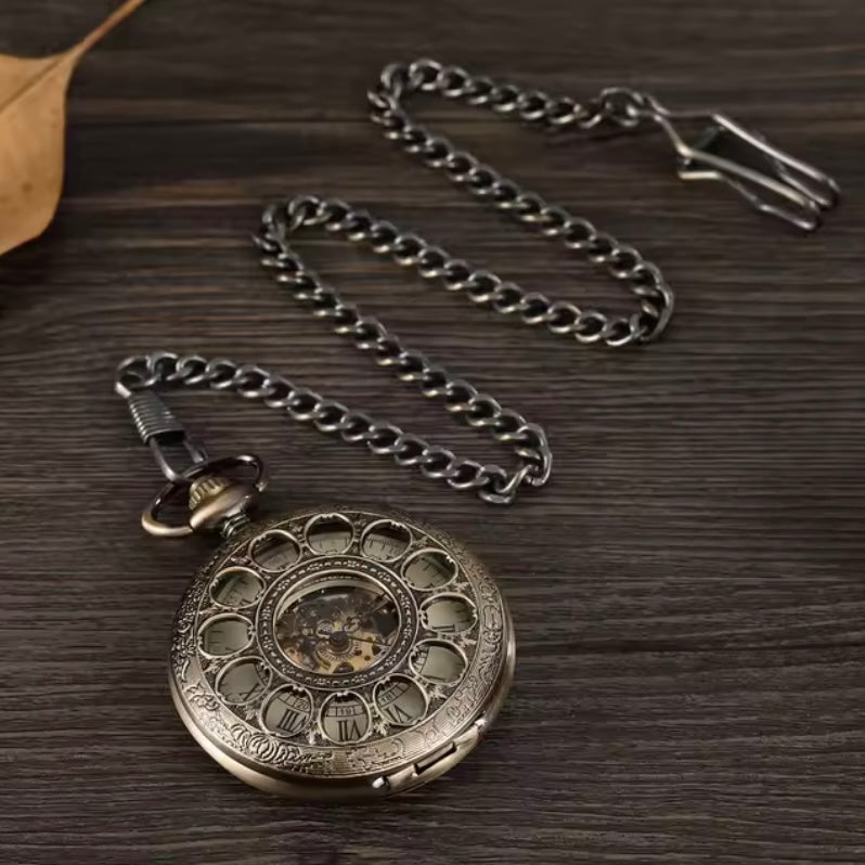 Hollow Roman Numeral Bronze Skeleton Pocket Watch