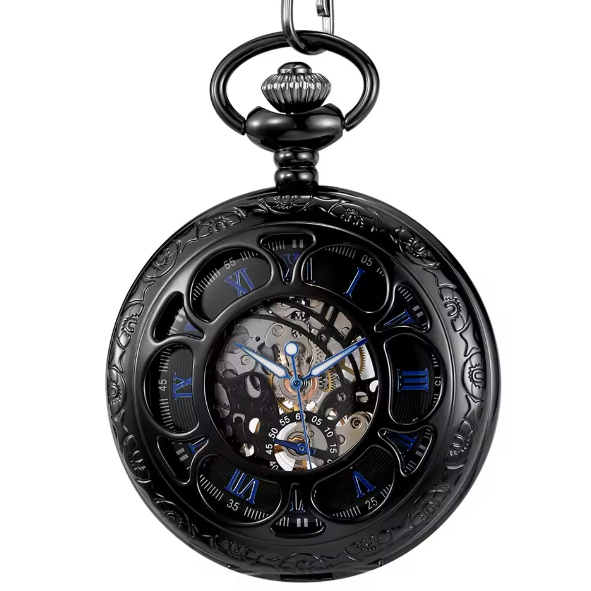 Hollow Black Skeleton Pocket Watch