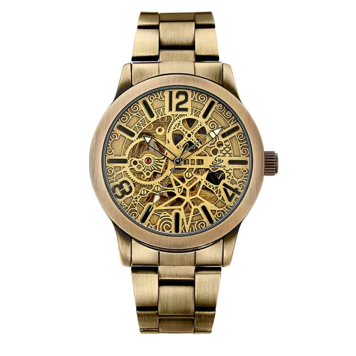 Automatic Skeleton Mechanical Watch Bronze Tone Retro Design
