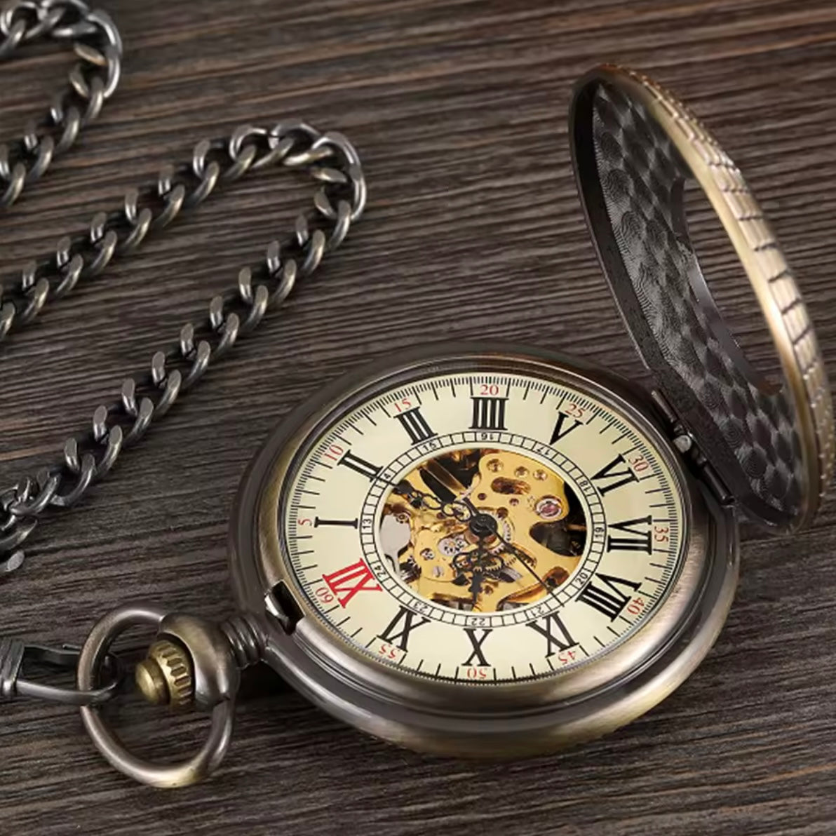 Retro Wood Circle Steampunk Skeleton Pocket Watch