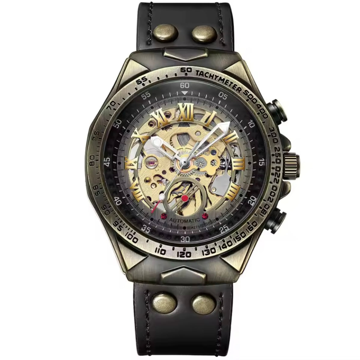 Bronze Automatic Mechanical Skeleton Watch Black Strap