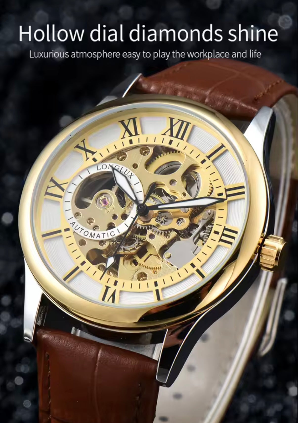 Automatic Skeleton Watch – Gold & Silver Case & Brown Leather Strap