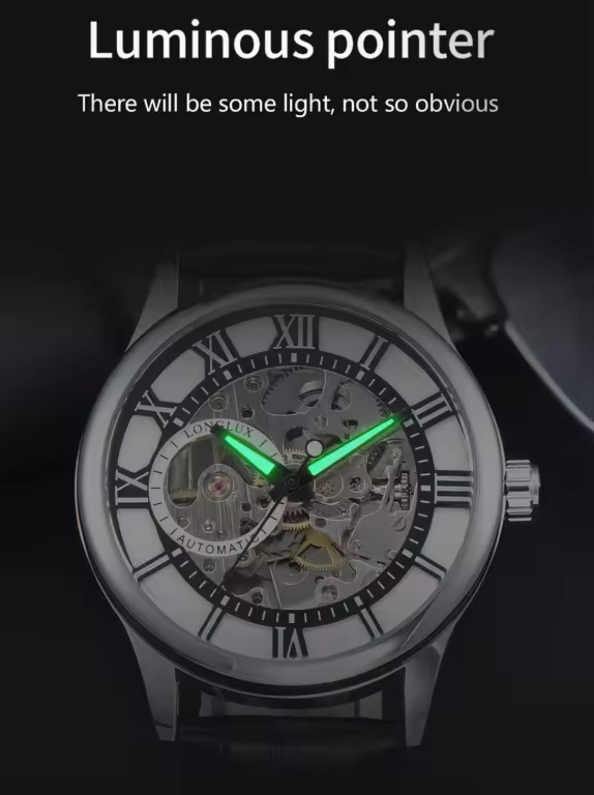 Automatic Skeleton Watch – Silver Case & Black Leather Strap