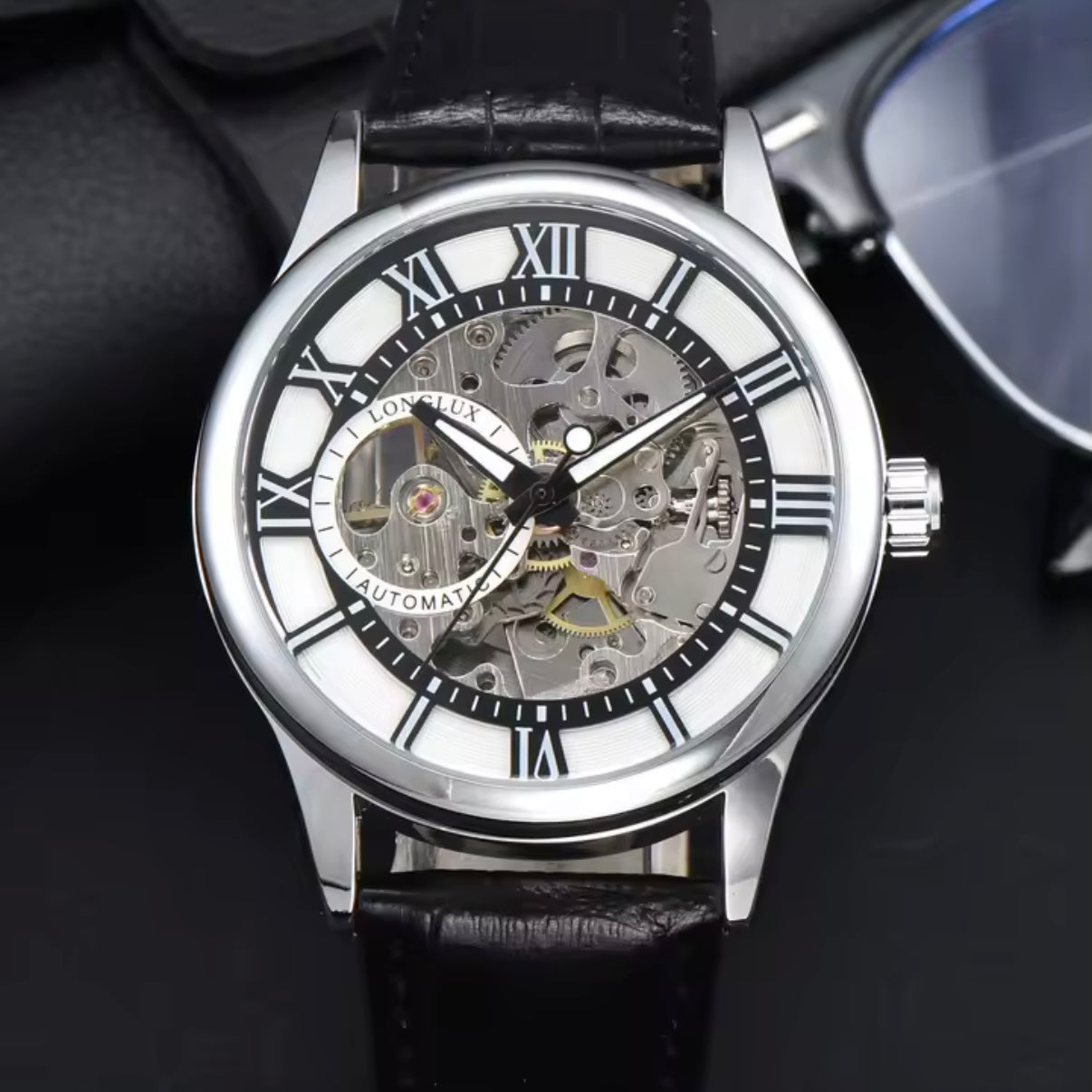 Automatic Skeleton Watch – Silver Case & Black Leather Strap