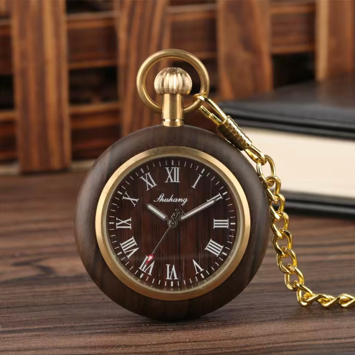 Brown Wooden Quartz Gold Tone Pocket Watch