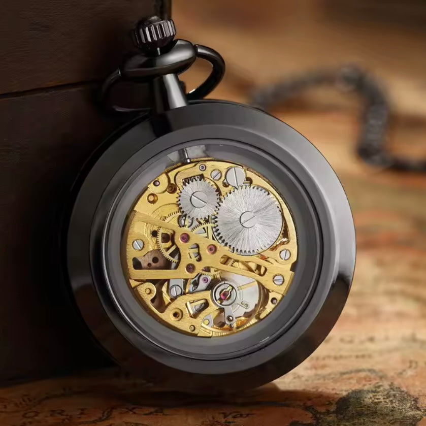 Luxury Black Skeleton Steampunk Style Mechanical Pocket Watch