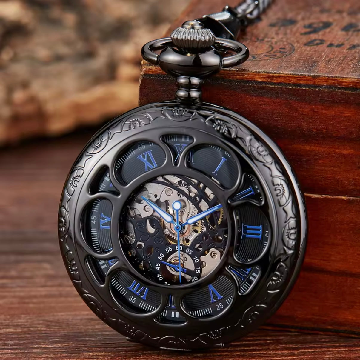 Hollow Black Skeleton Pocket Watch