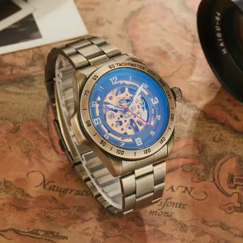 Bronze Automatic Mechanical Skeleton Watch Metal Link Strap