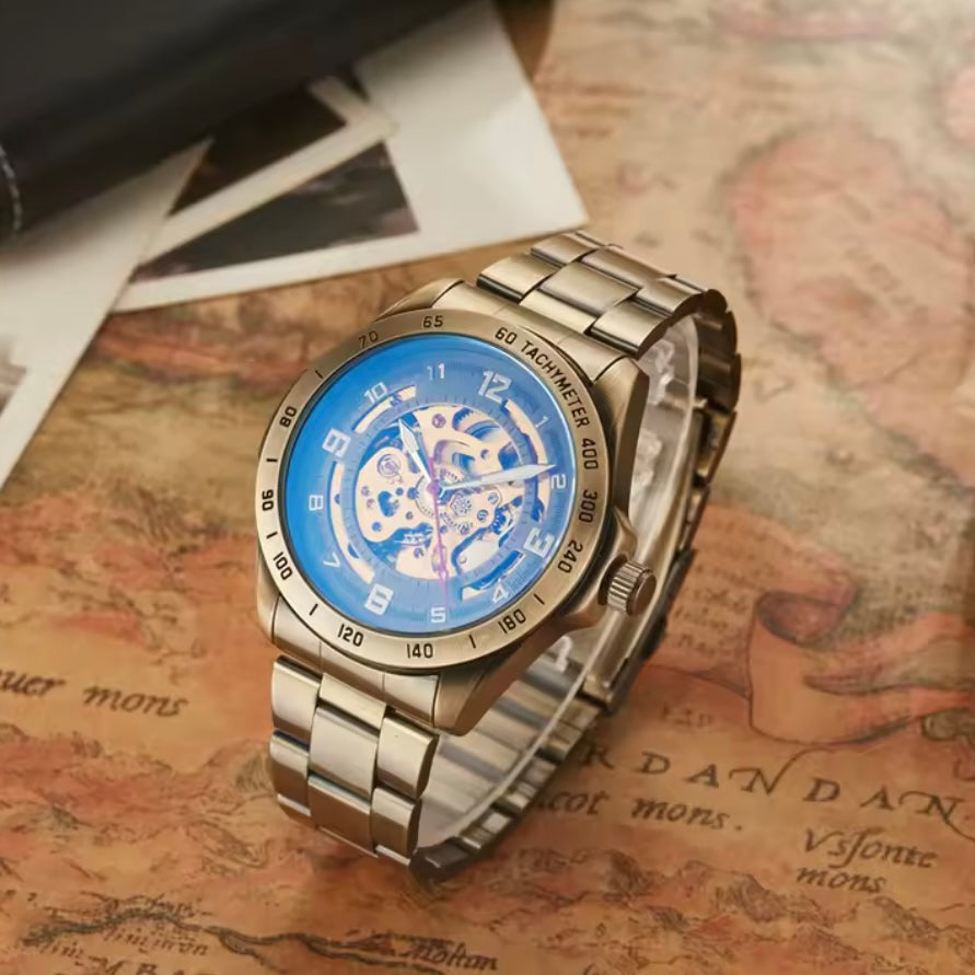 Bronze Automatic Mechanical Skeleton Watch Metal Link Strap