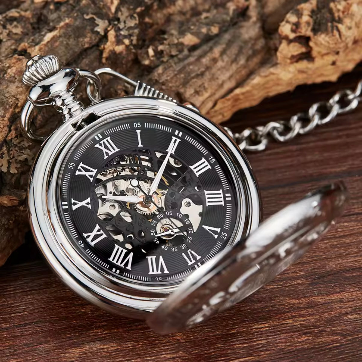 Hollow Silver Skeleton Pocket Watch