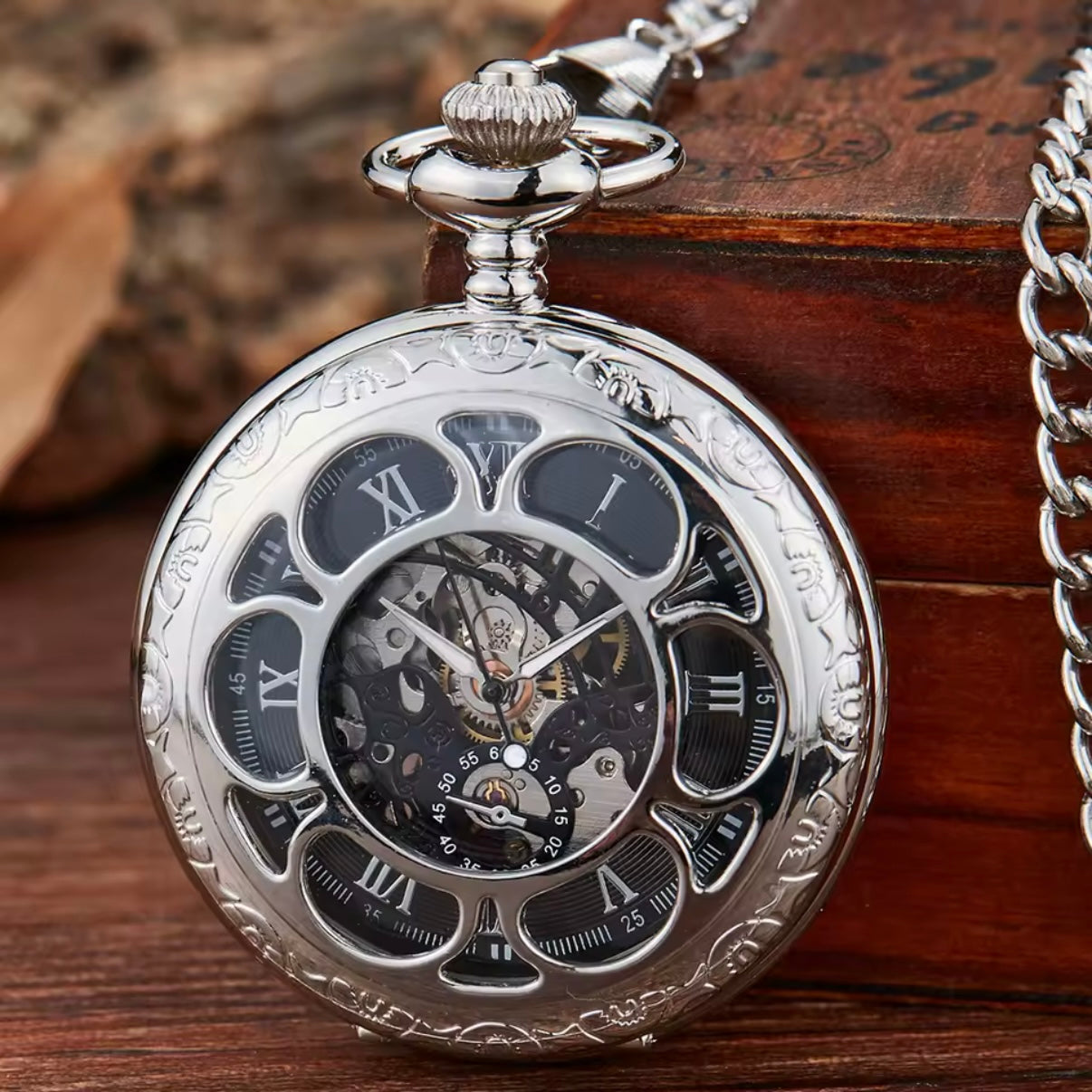 Hollow Silver Skeleton Pocket Watch