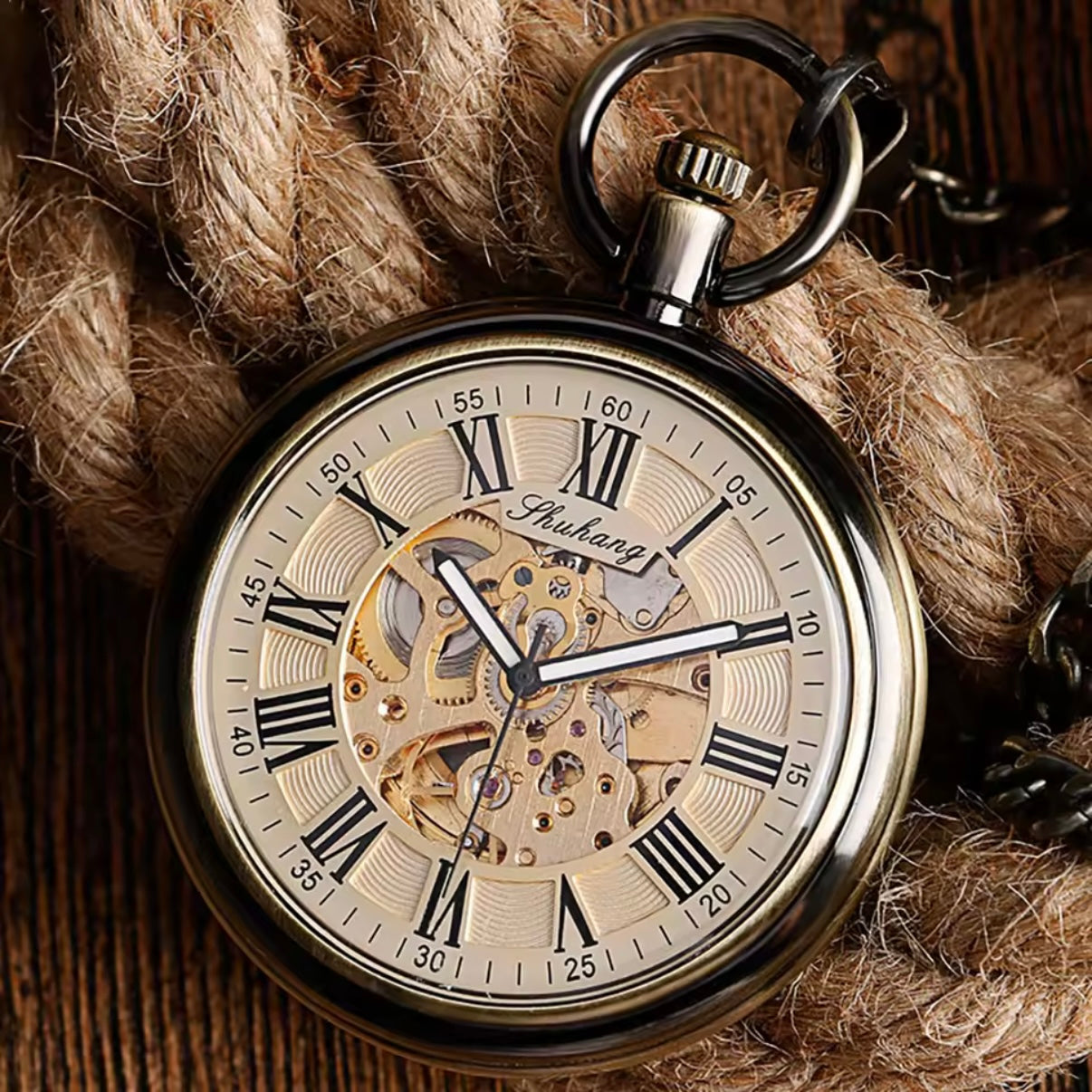 Bronze Automatic Skeleton Pocket Watch with Chain