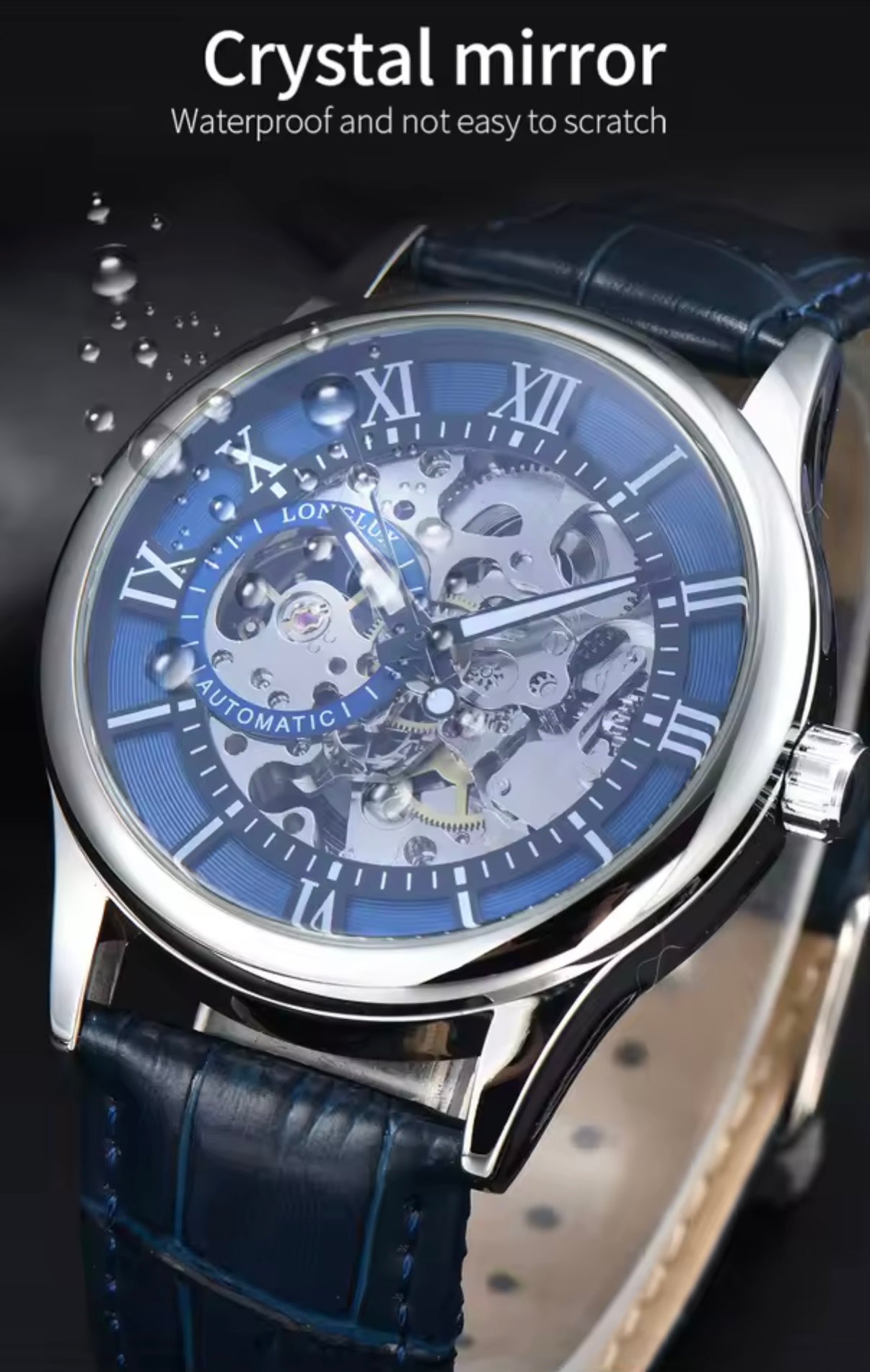 Automatic Skeleton Watch – Silver Case, Navy Blue Dial & Leather Strap