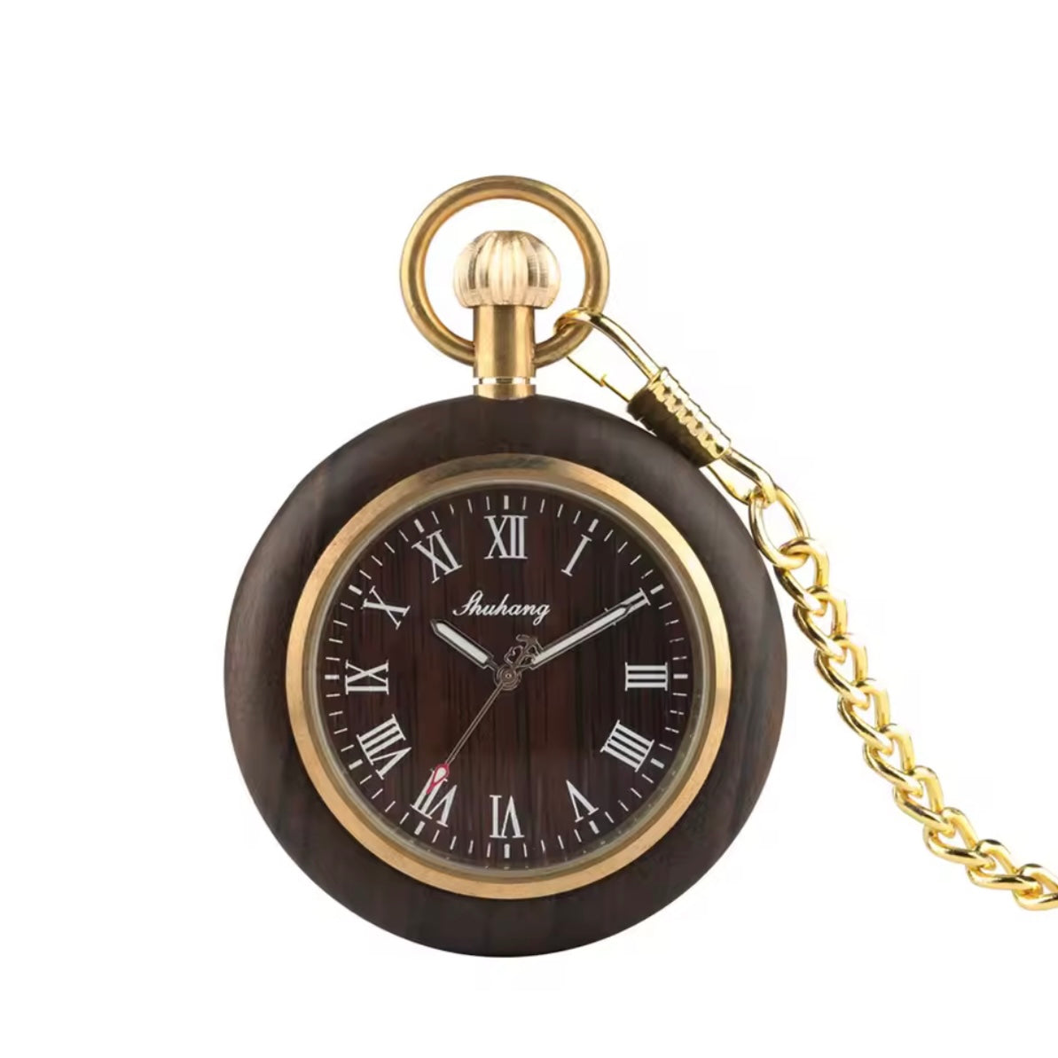 Brown Wooden Quartz Gold Tone Pocket Watch