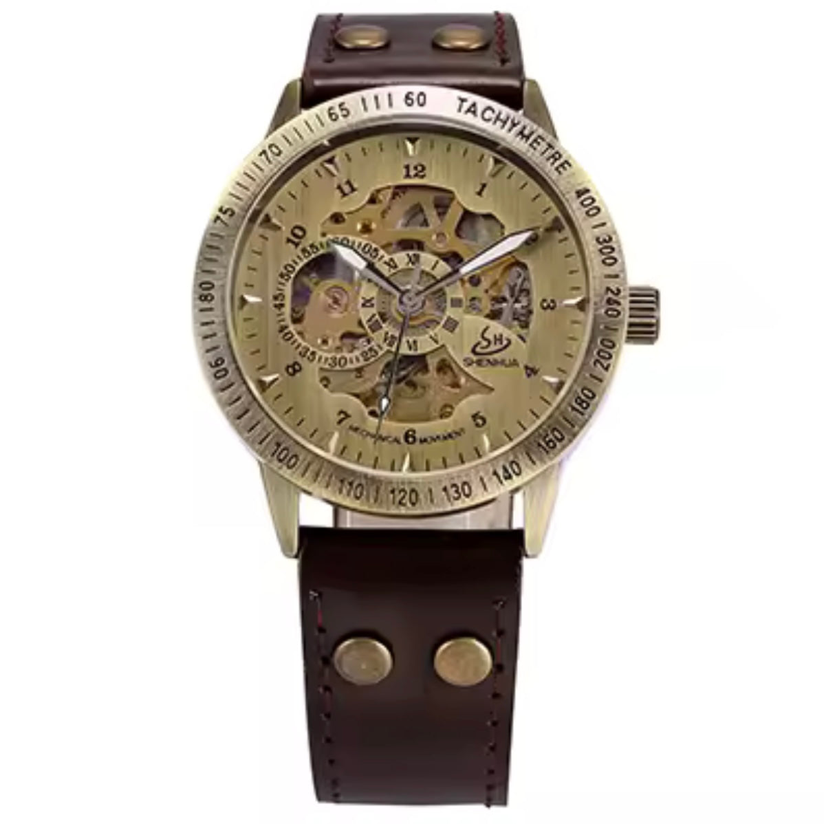 Bronze Classic Skeleton Watch With Brown Strap