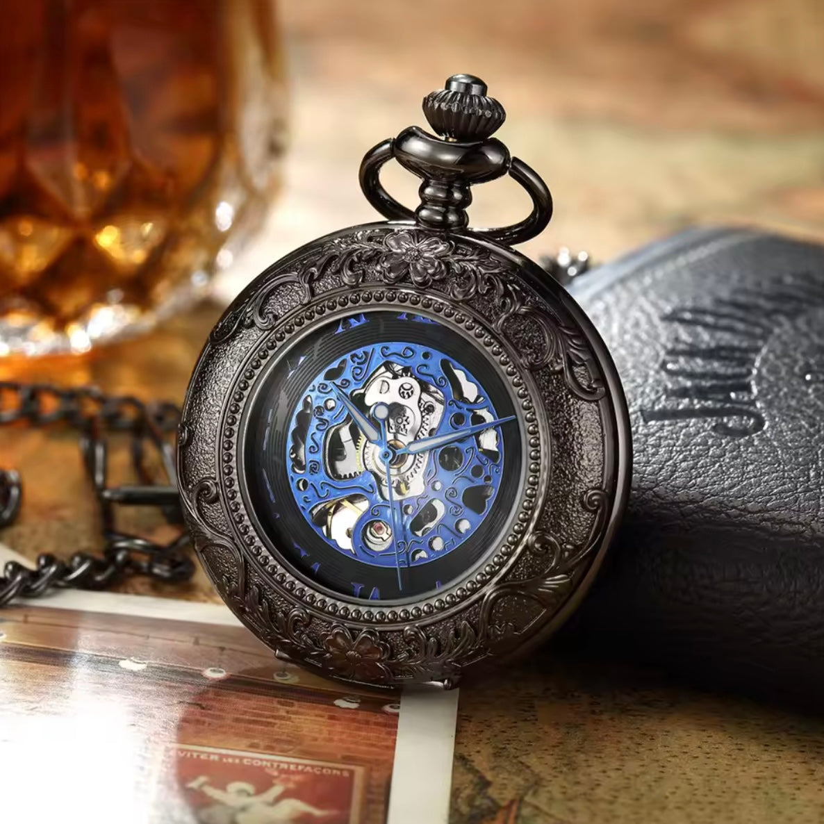 Black Skeleton Mechanical Pocket Watch