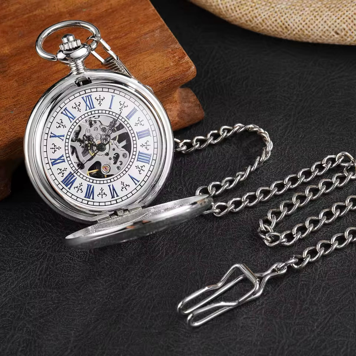 Hollow Roman Numeral Silver Skeleton Pocket Watch