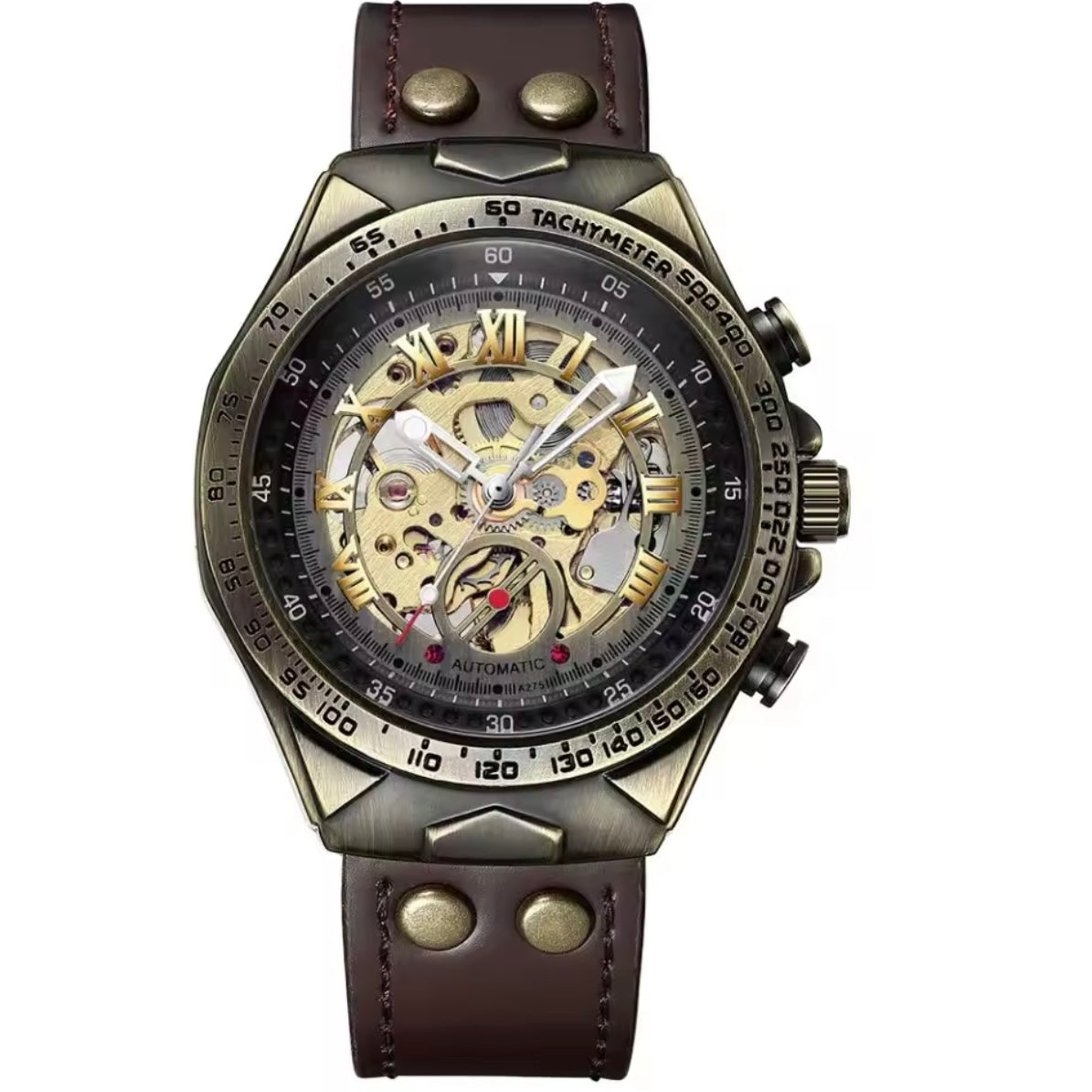 Bronze Automatic Mechanical Skeleton Watch Brown Strap