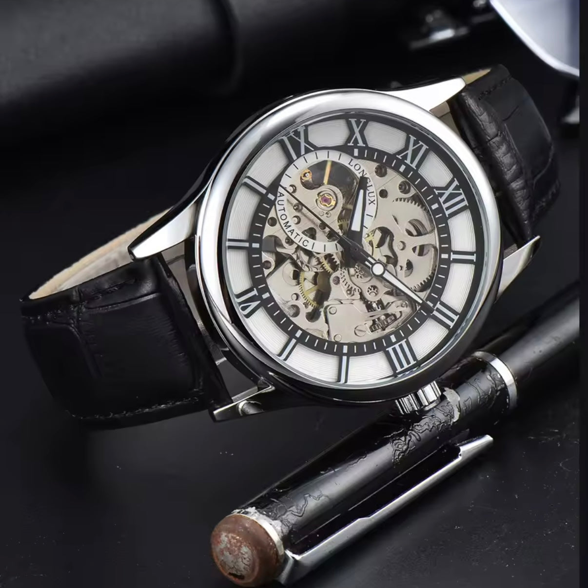 Automatic Skeleton Watch – Silver Case & Black Leather Strap