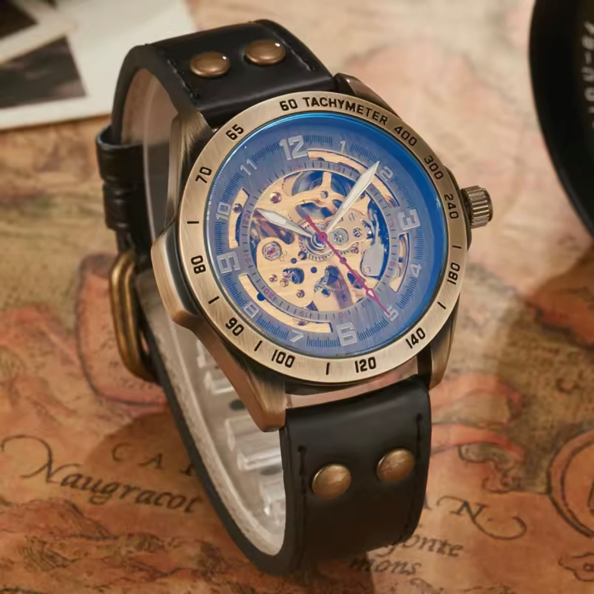 Automatic Mechanical Watch – Bronze Skeleton Design Black Strap
