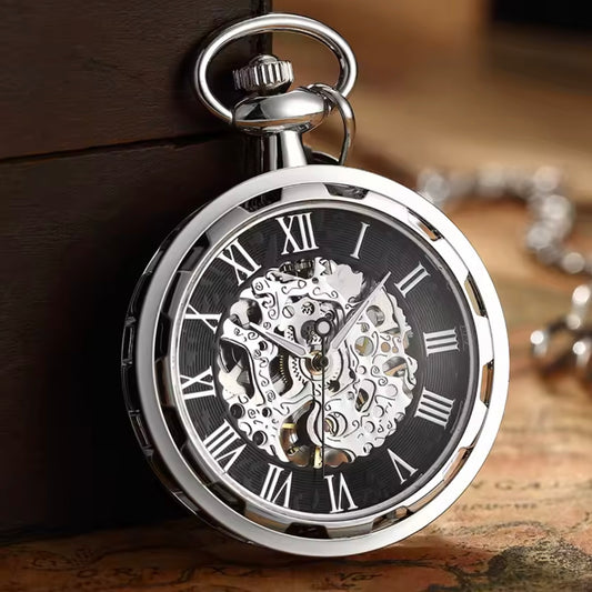 Luxury Silver Skeleton Steampunk Style Mechanical Pocket Watch