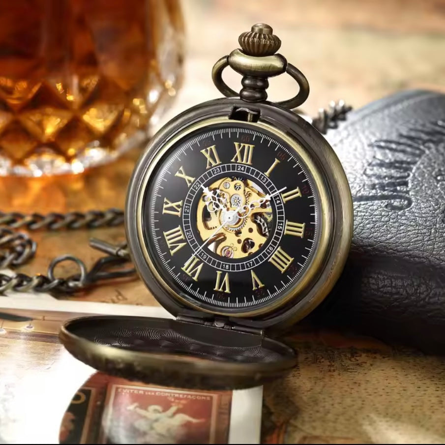 Bronze Skeleton Mechanical Pocket Watch