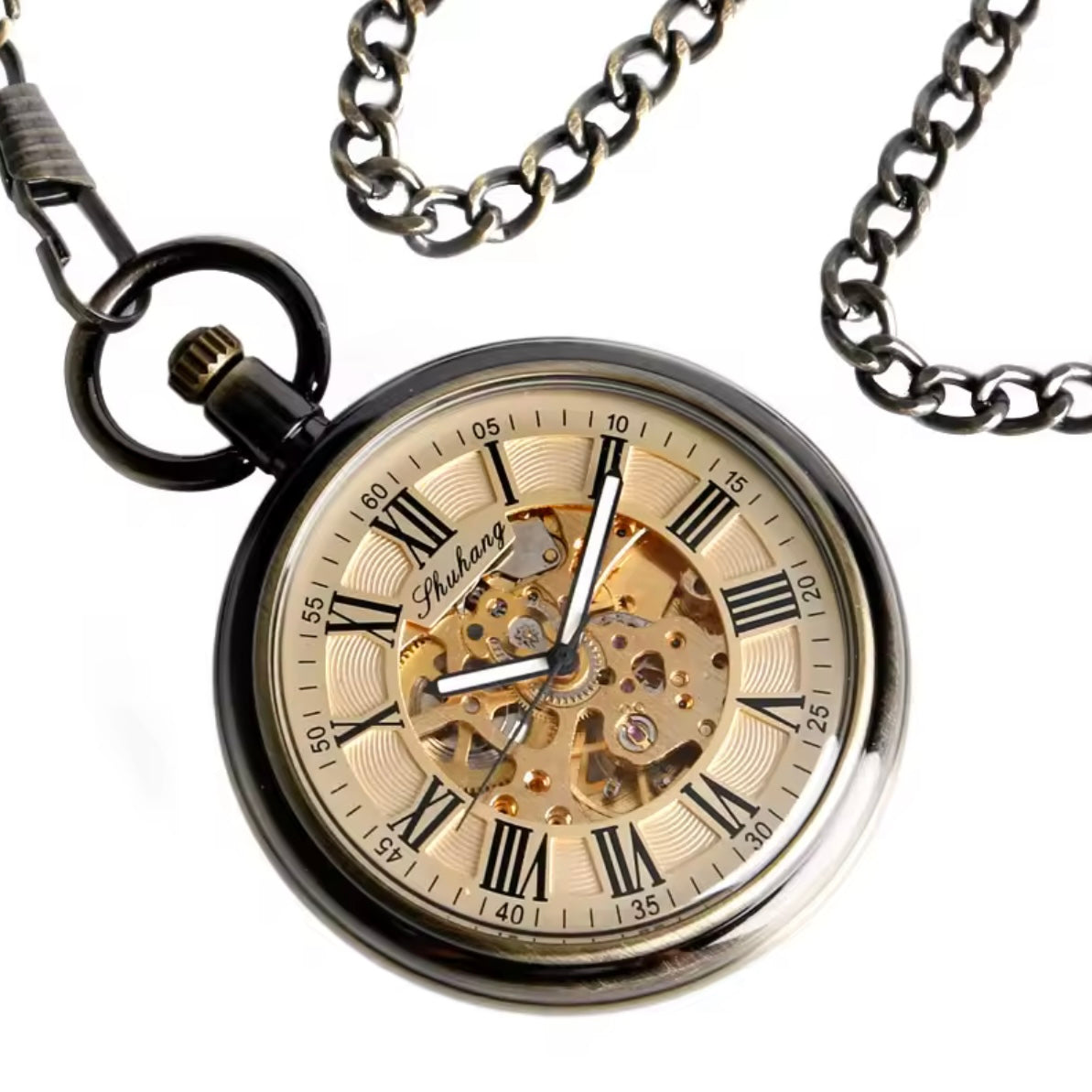 Bronze Automatic Skeleton Pocket Watch with Chain