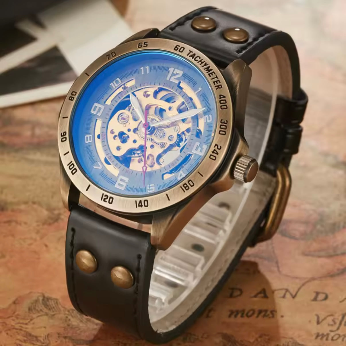 Automatic Mechanical Watch – Bronze Skeleton Design Black Strap