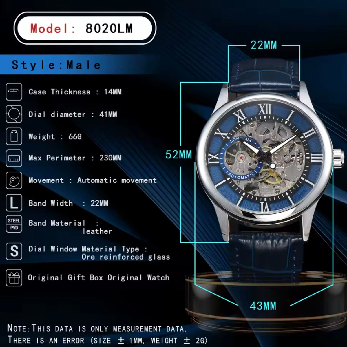 Automatic Skeleton Watch – Silver Case, Navy Blue Dial & Leather Strap