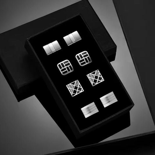 4-Pair Cufflink Set Silver & Black
