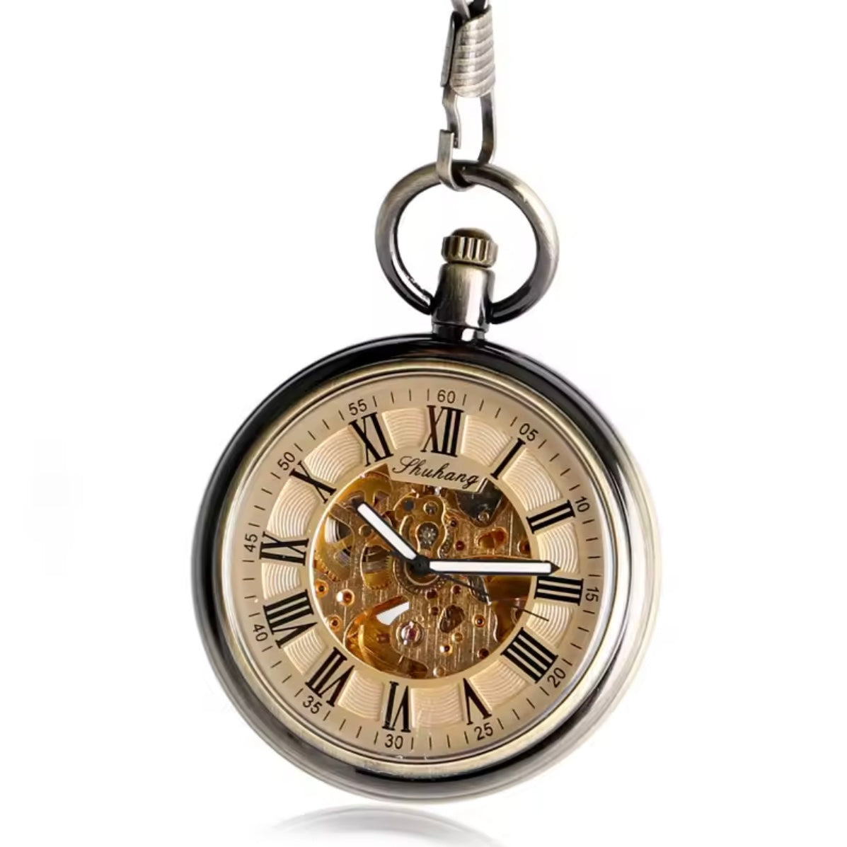 Bronze Automatic Skeleton Pocket Watch with Chain