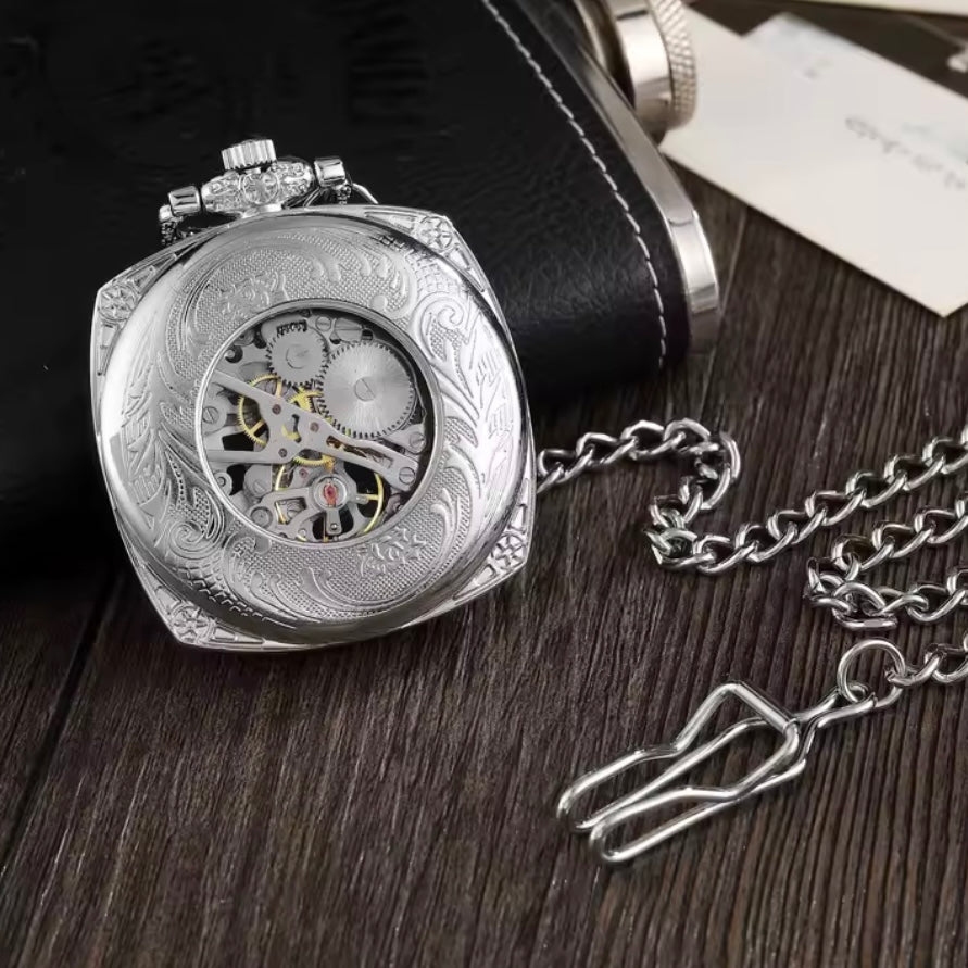 Classic Silver Curved Square Dial Pocket Watch