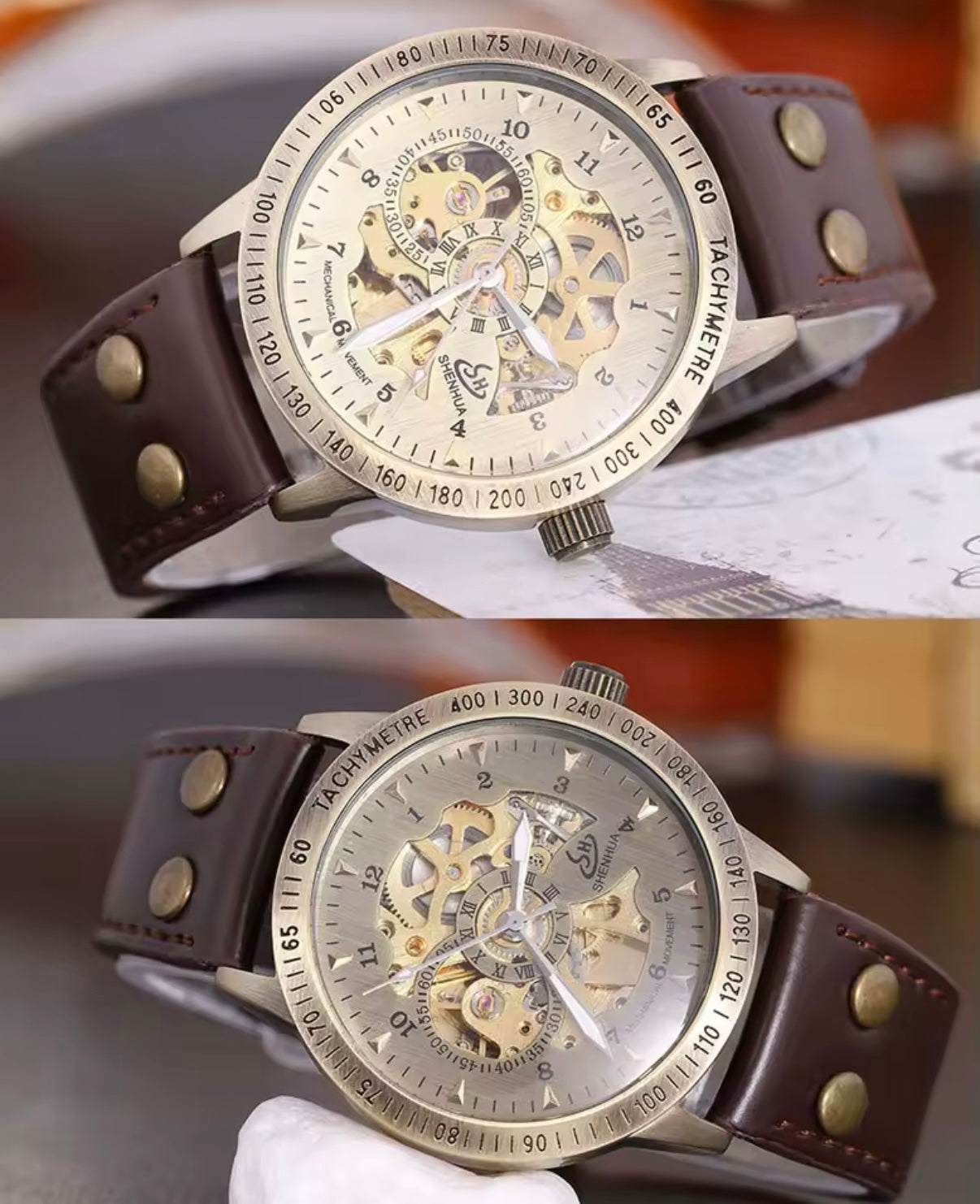 Bronze Classic Skeleton Watch With Brown Strap