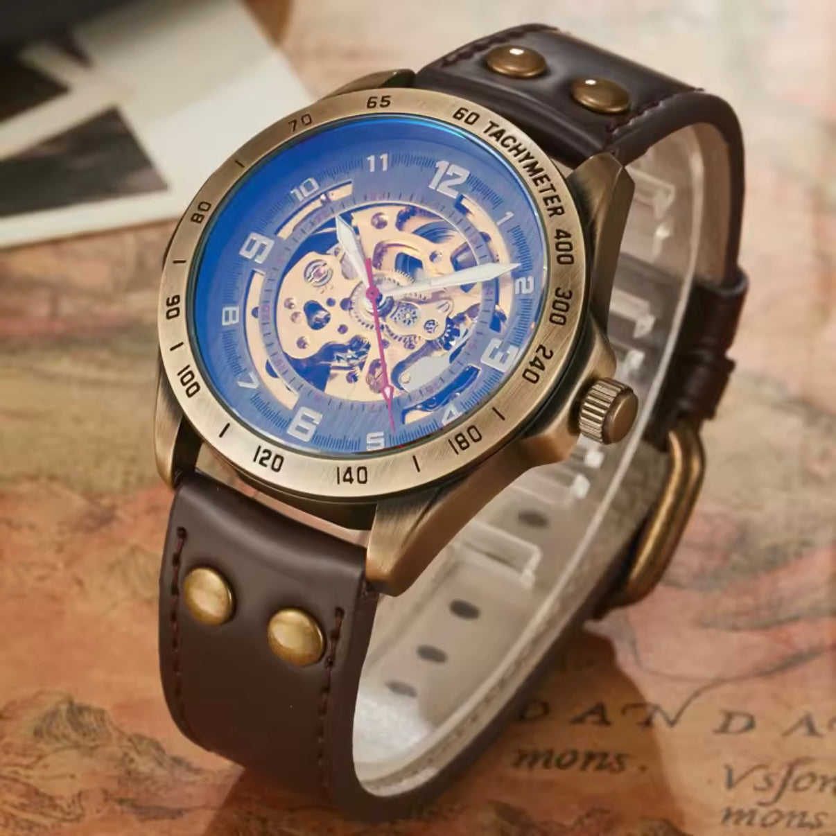 Automatic Mechanical Watch – Bronze Skeleton Design Brown Strap