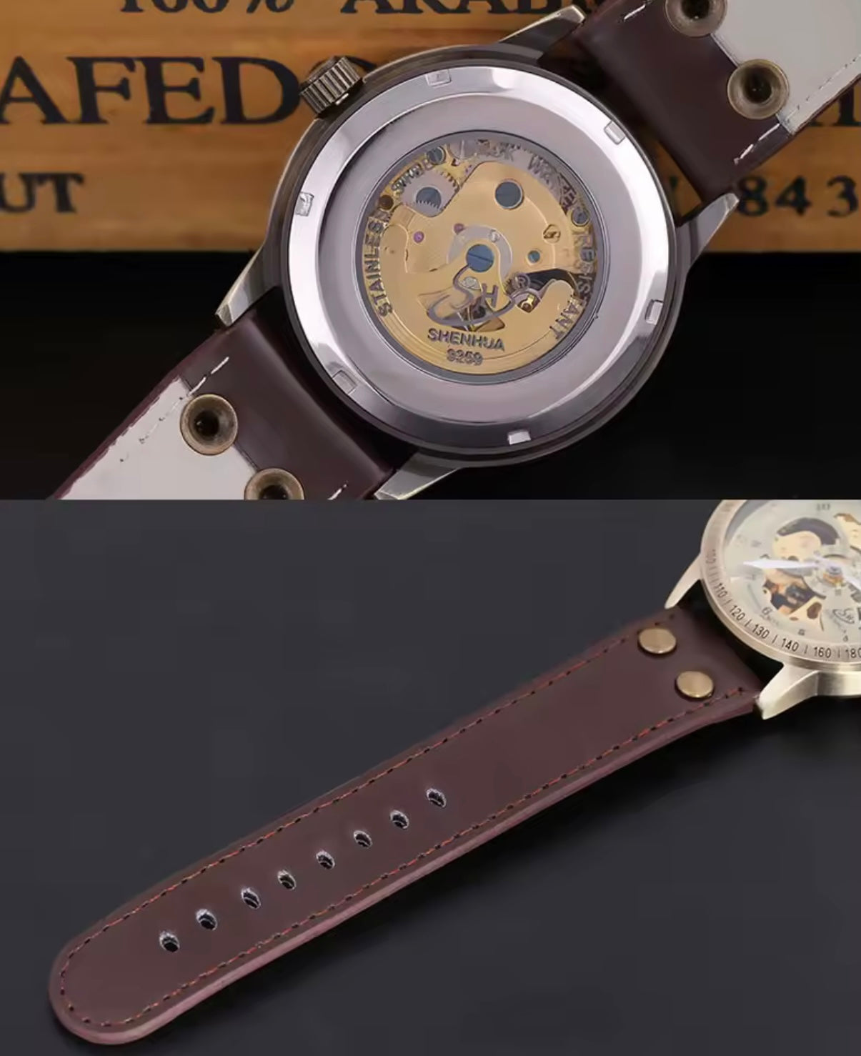 Bronze Classic Skeleton Watch With Brown Strap