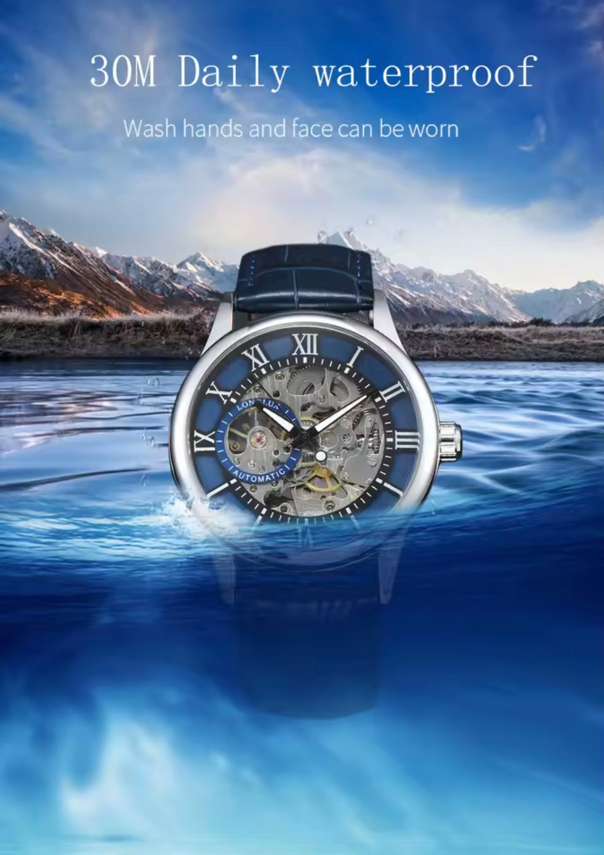Automatic Skeleton Watch – Silver Case, Navy Blue Dial & Leather Strap