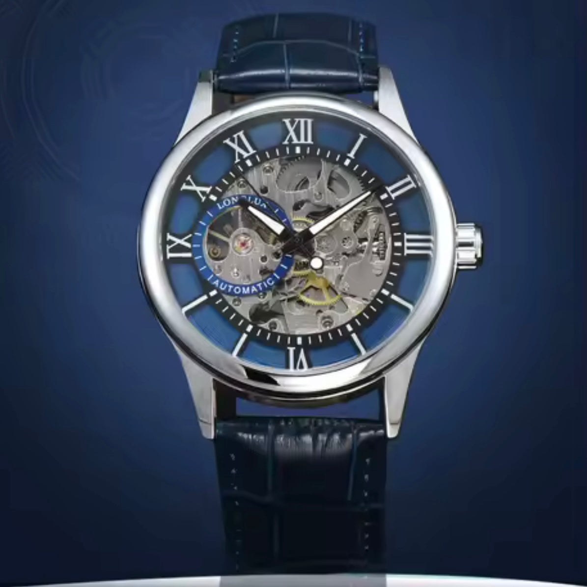 Automatic Skeleton Watch – Silver Case, Navy Blue Dial & Leather Strap