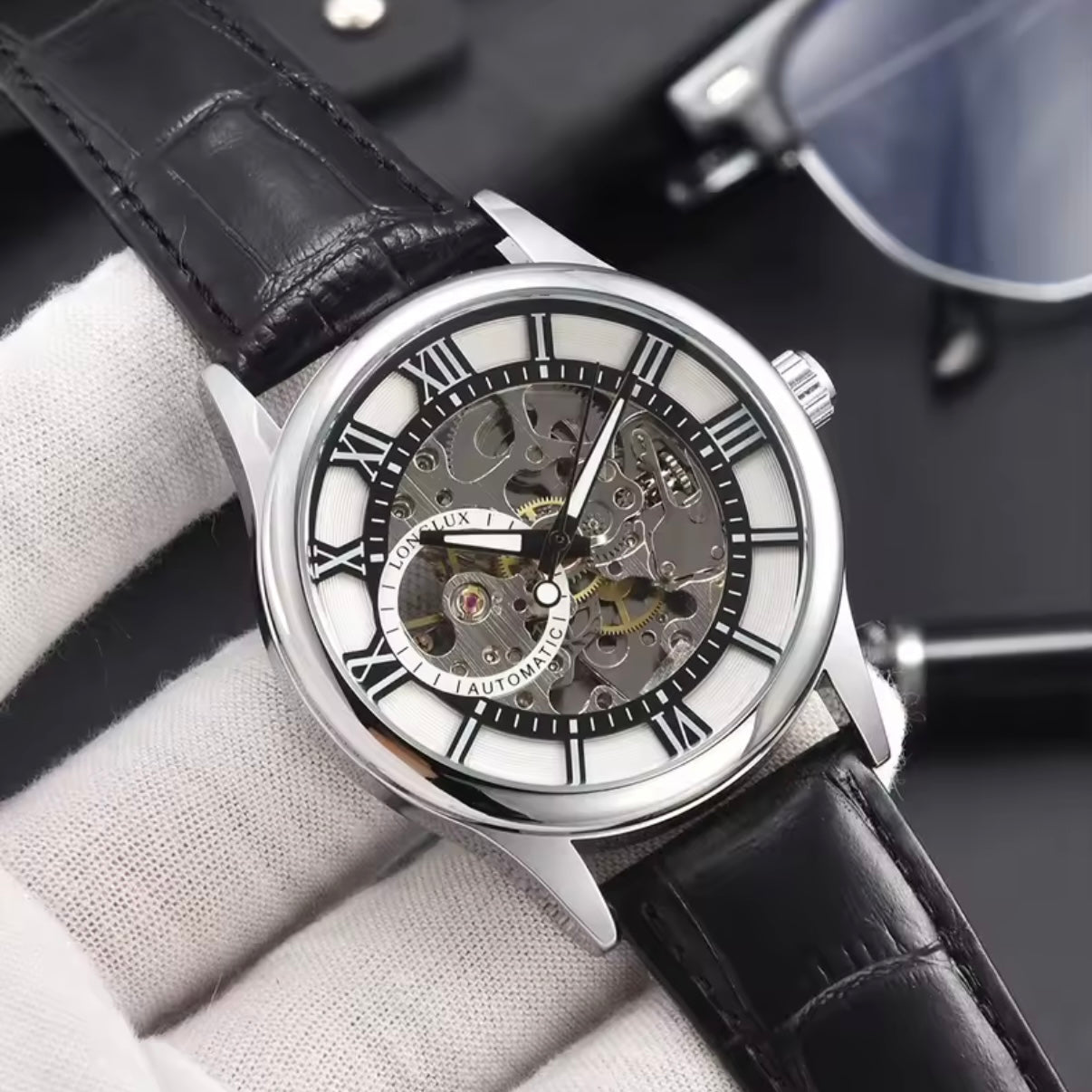 Automatic Skeleton Watch – Silver Case & Black Leather Strap