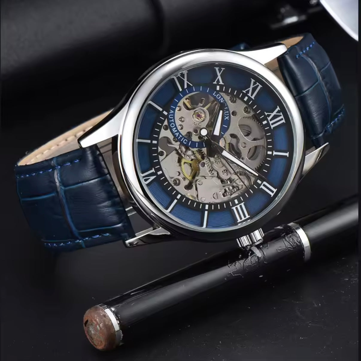 Automatic Skeleton Watch – Silver Case, Navy Blue Dial & Leather Strap