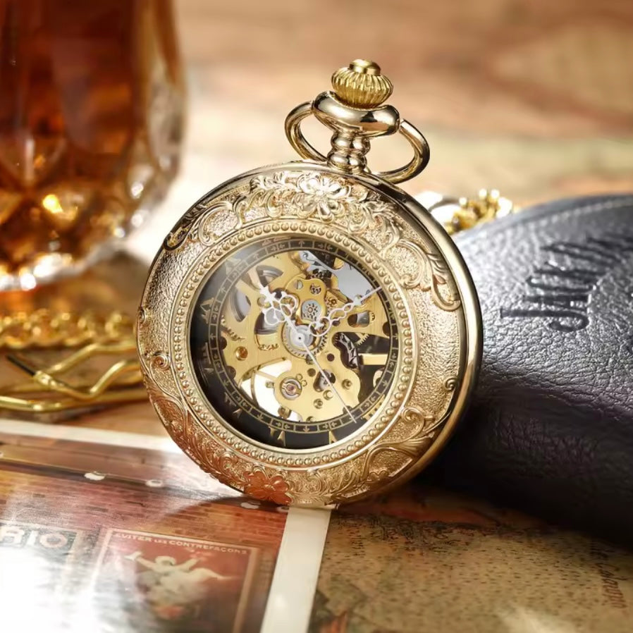 Golden Skeleton Mechanical Pocket Watch