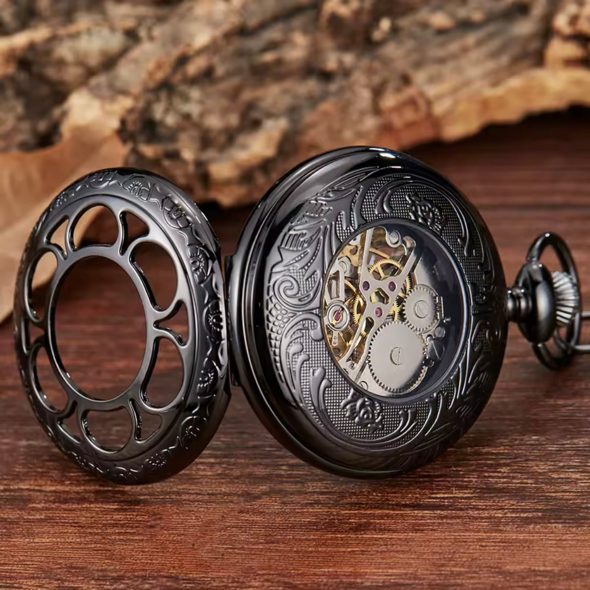 Hollow Black Skeleton Pocket Watch