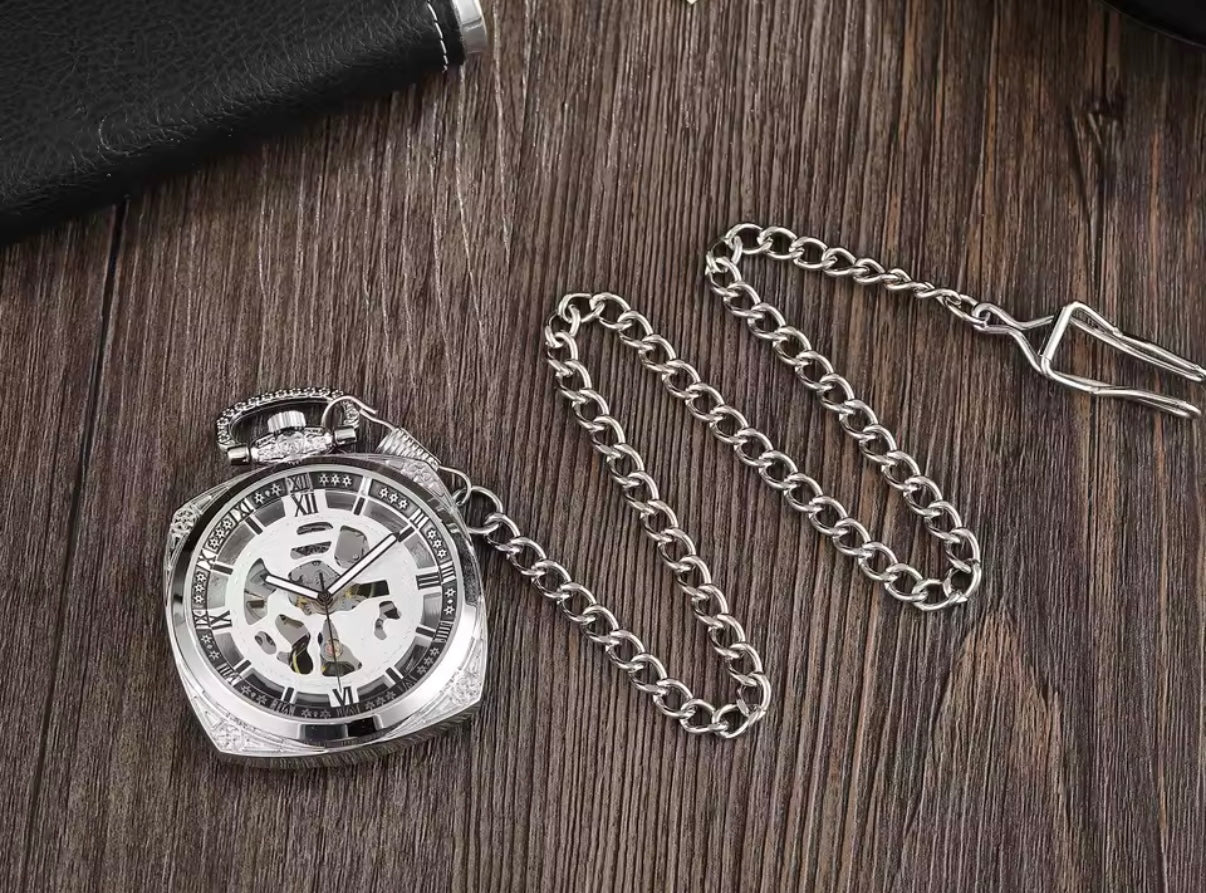 Classic Silver Curved Square Dial Pocket Watch