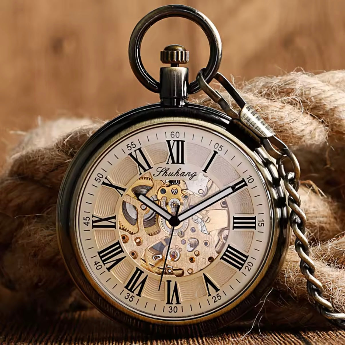 Bronze Automatic Skeleton Pocket Watch with Chain