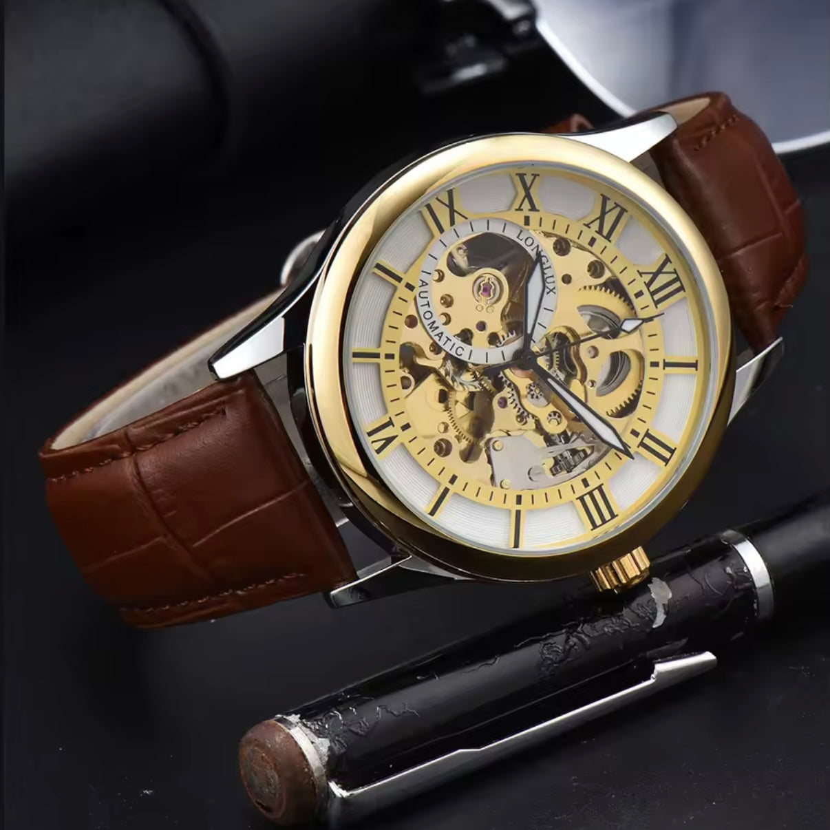 Automatic Skeleton Watch – Gold & Silver Case & Brown Leather Strap