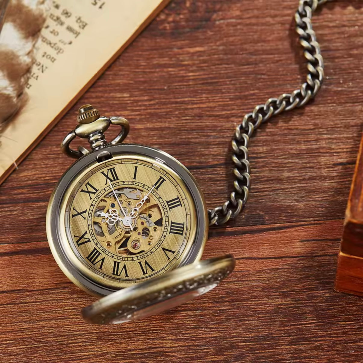 Bronze Pattern Skeleton Mechanical Pocket Watch