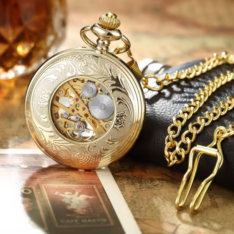 Golden Skeleton Mechanical Pocket Watch